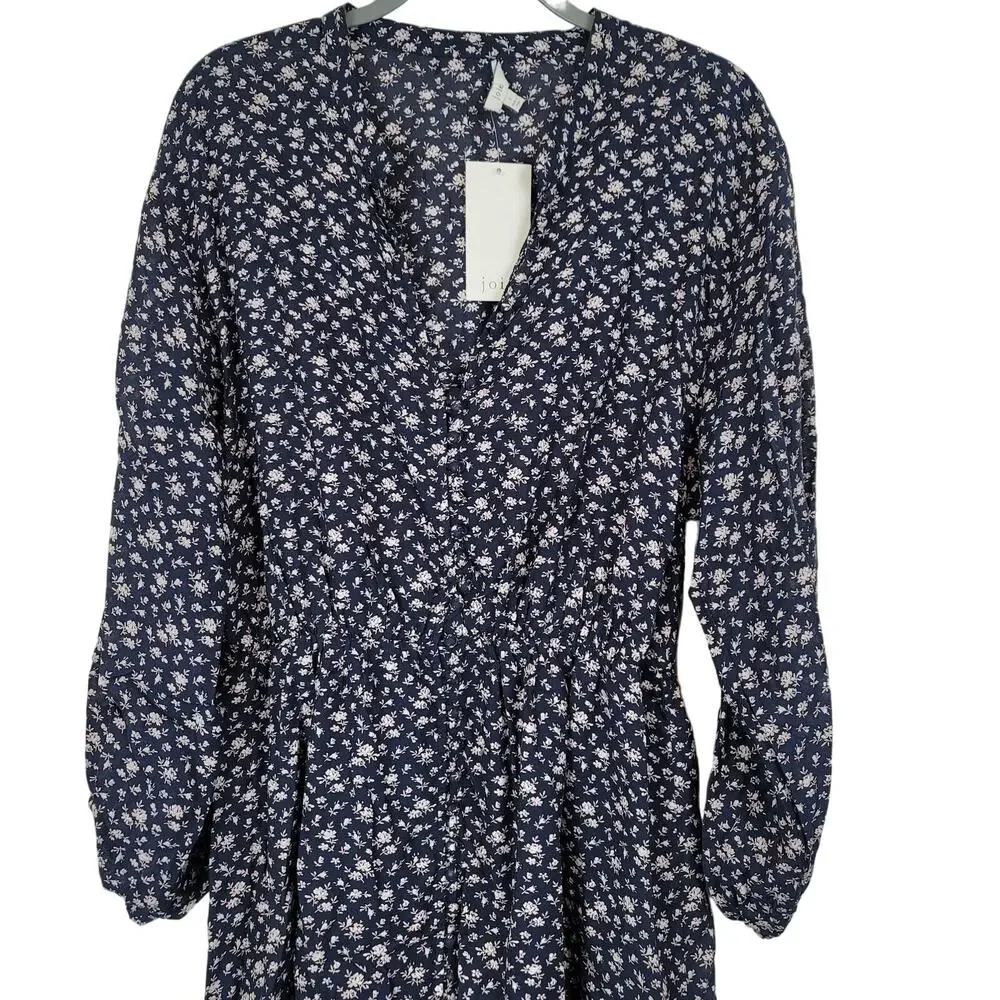 New Joie Galani Navy Floral Balloon Sleeve Cinched Waist Button Dress, Large NWT
